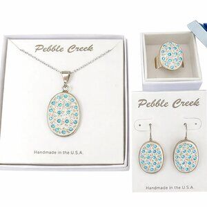 Handcrafted Swarovski Dark Aqua Crystal & Clay Oval Pendant Set